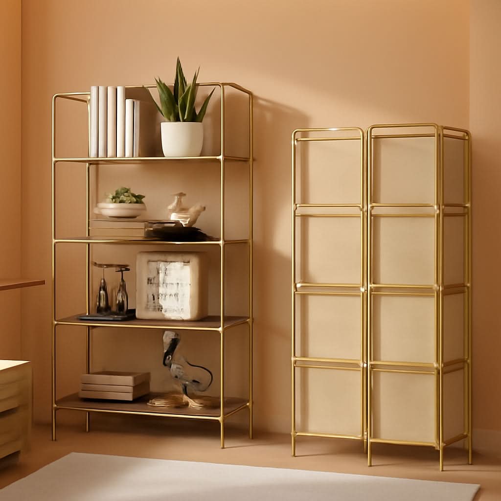 No Assembly Foldable Bookshelf 4 Tier Gold Bookcase