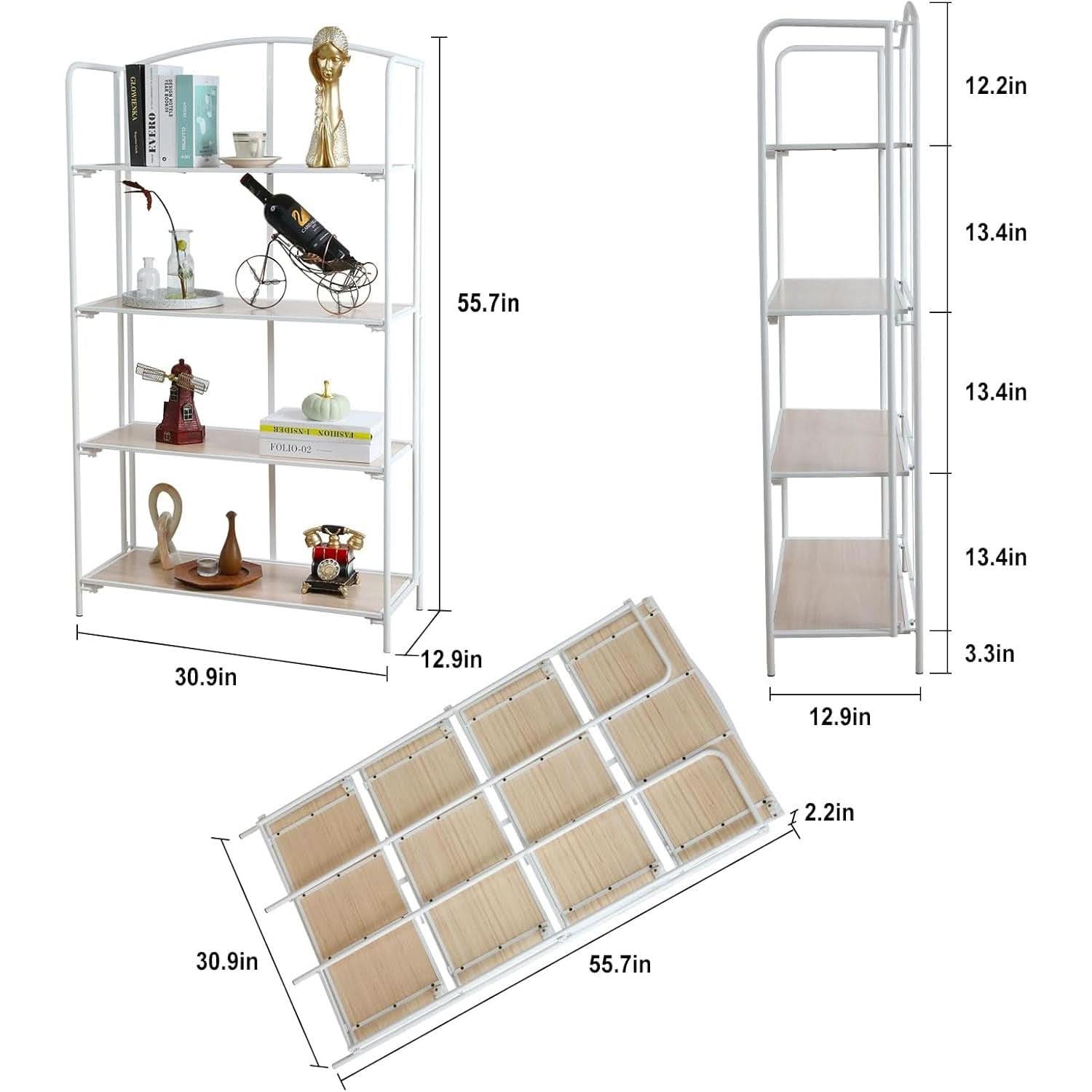 No Assembly Foldable Bookshelf 4 Tier White Bookcase