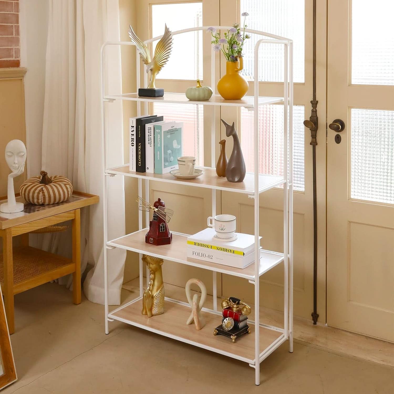 No Assembly Foldable Bookshelf 4 Tier White Bookcase