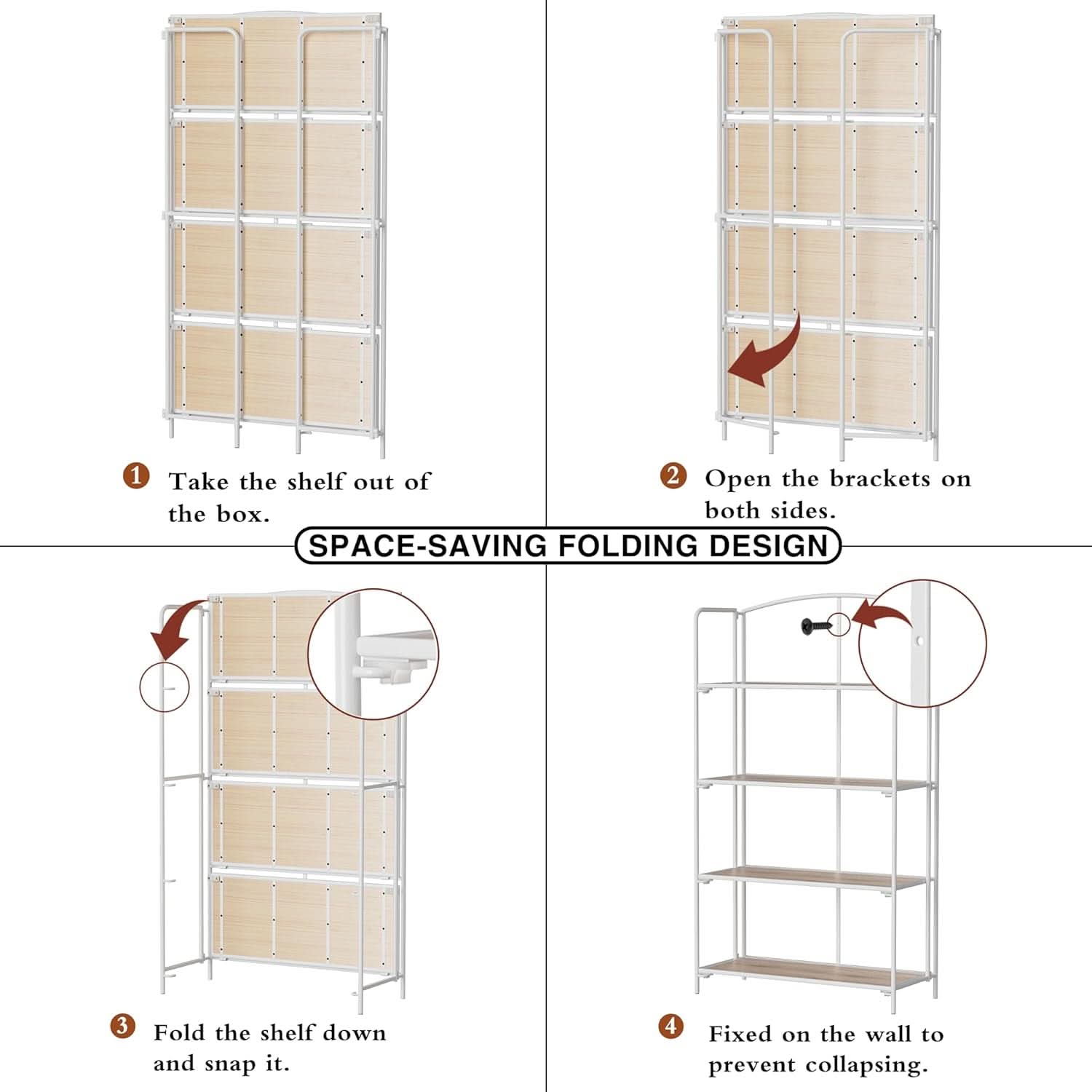 No Assembly Foldable Bookshelf 4 Tier White Bookcase