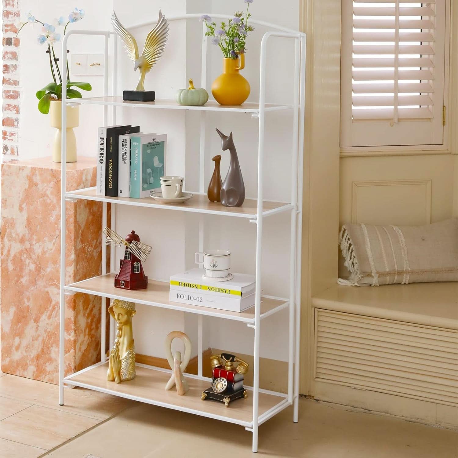 No Assembly Foldable Bookshelf 4 Tier White Bookcase