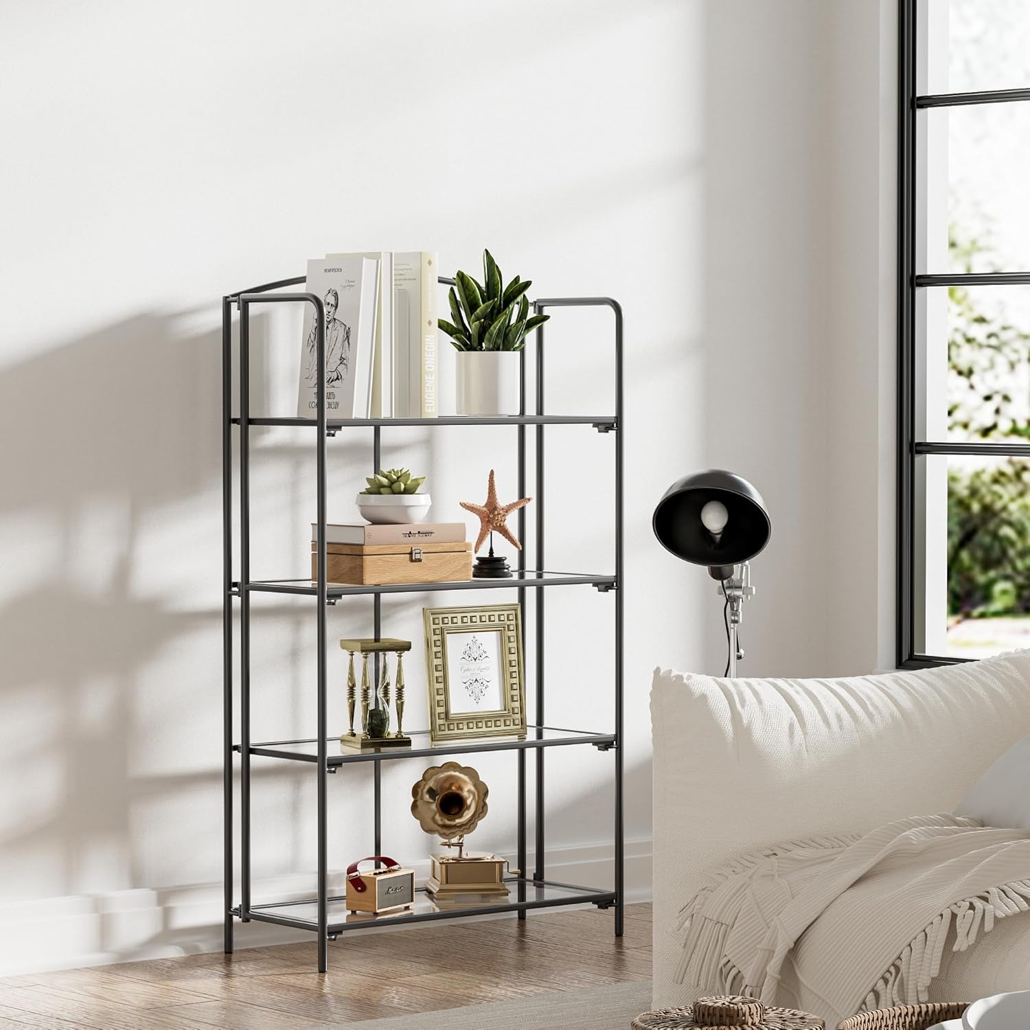 No Assembly Folding Bookshelf 4 Tier Black For Living Room