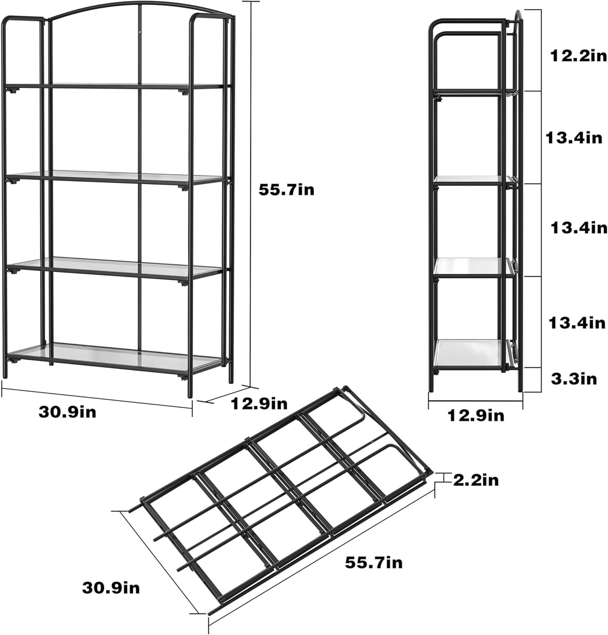 No Assembly Folding Bookshelf 4 Tier Black For Living Room