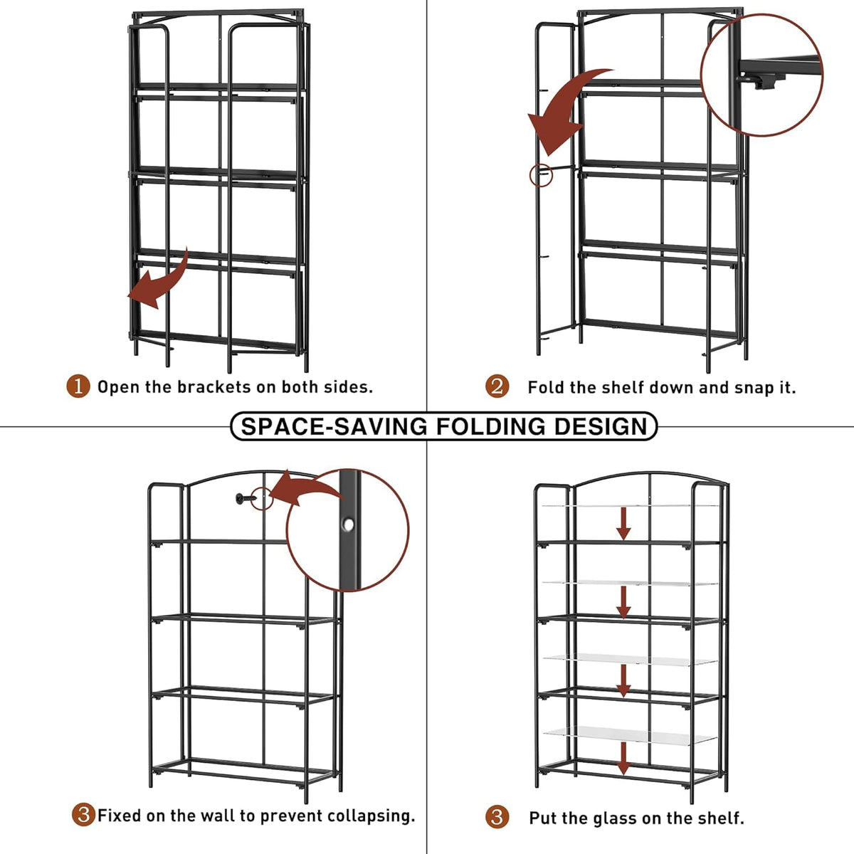 No Assembly Folding Bookshelf 4 Tier Black For Living Room