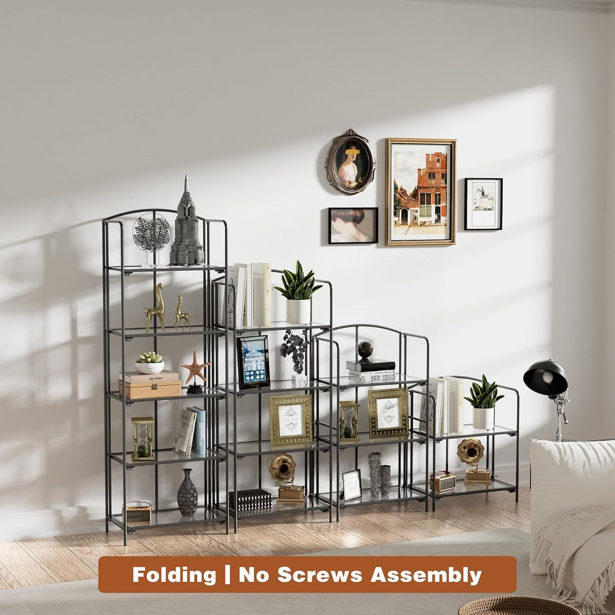 No Assembly Folding Bookshelf 4 Tier Black For Living Room
