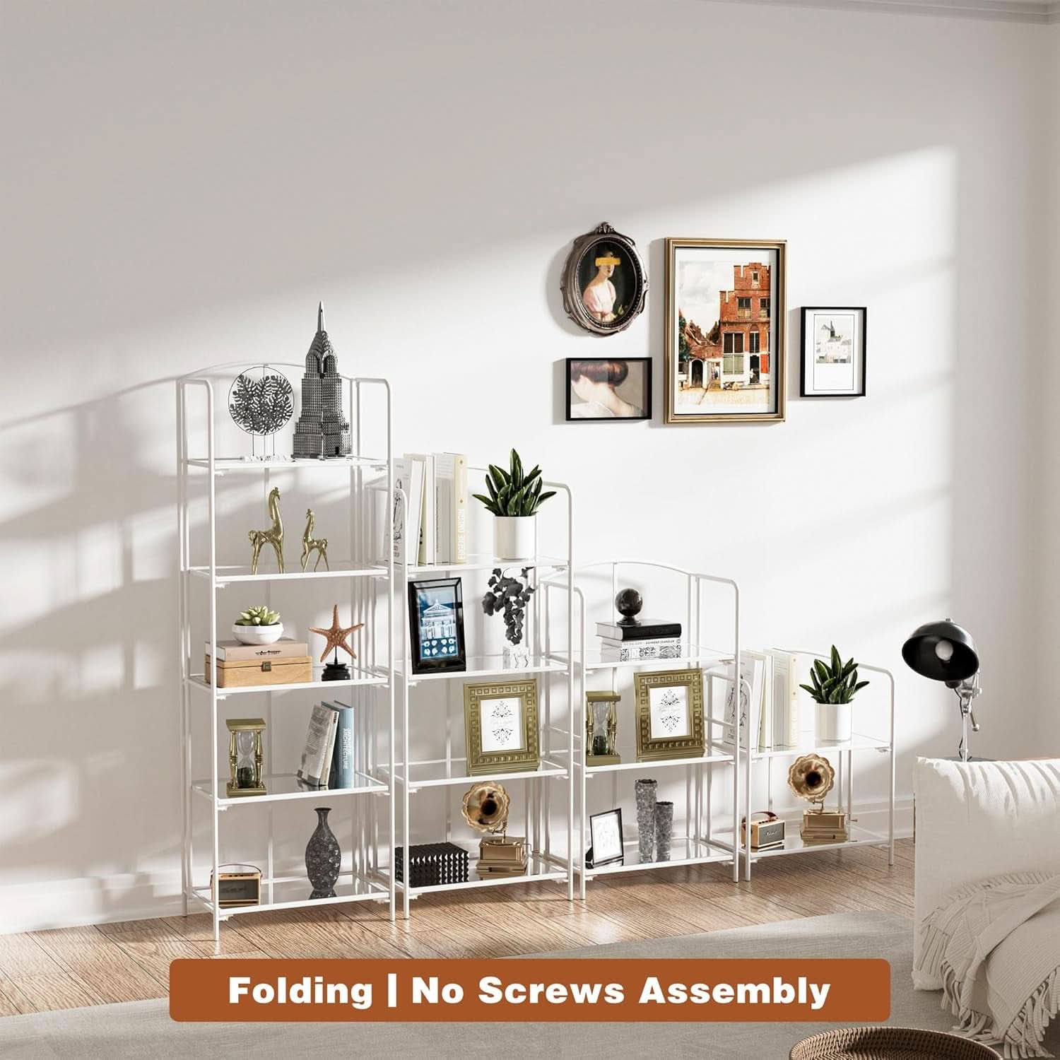 No Assembly Folding Bookshelf 4 Tier White Bookcase