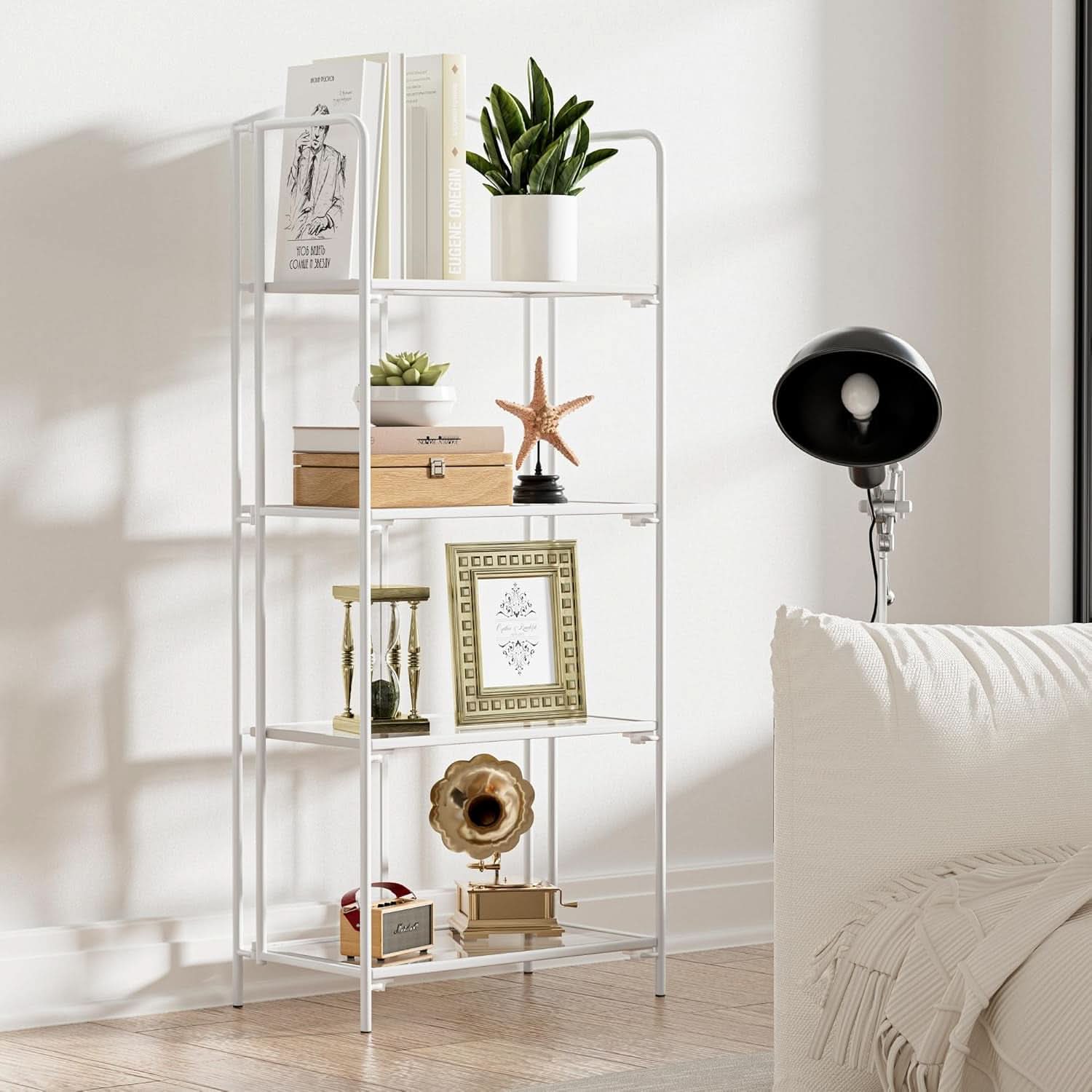 No Assembly Folding Bookshelf 4 Tier White Bookcase