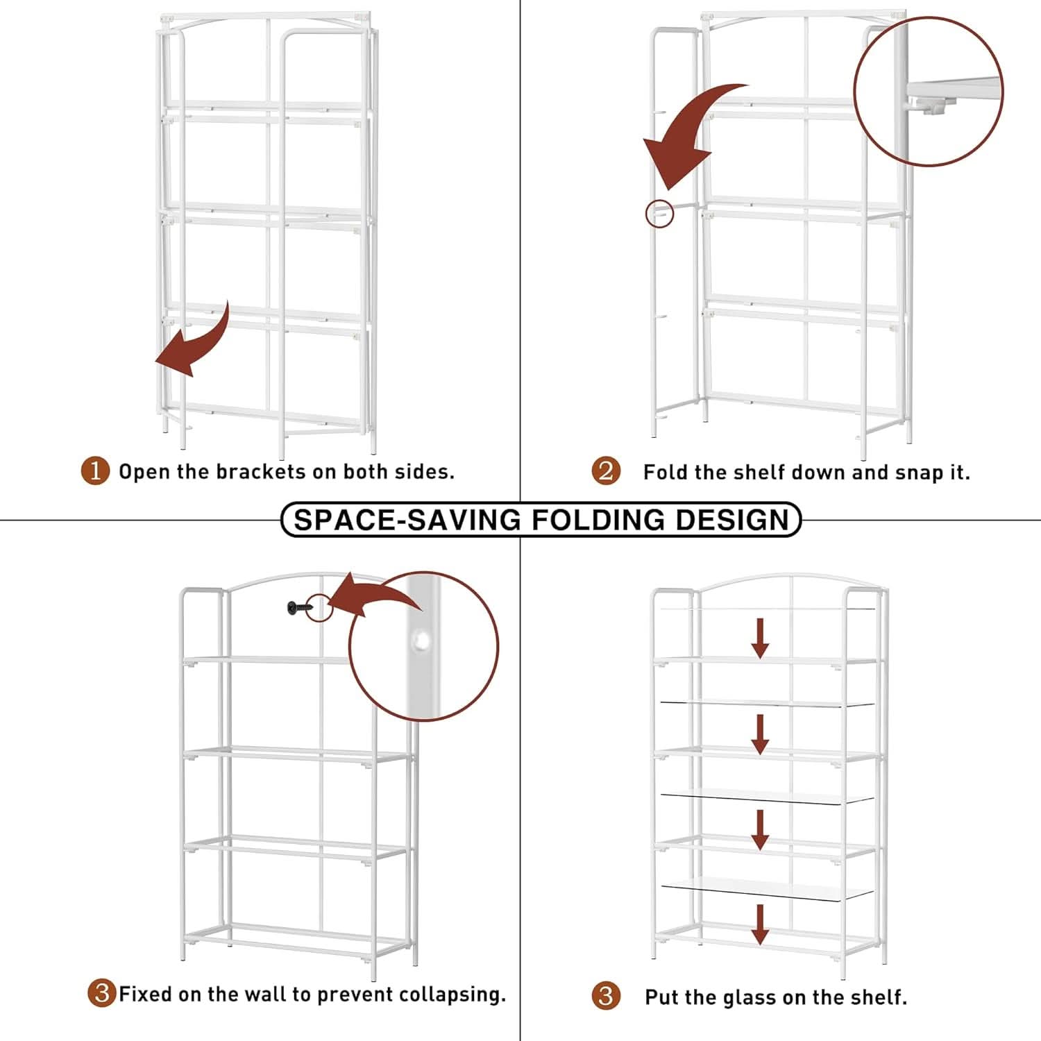 No Assembly Folding Bookshelf 4 Tier White Bookcase