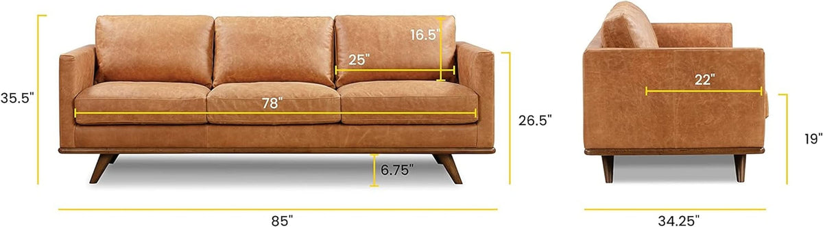 Nolita 85 Inch Cognac Tan Full Grain Pure Aniline Leather Sofa