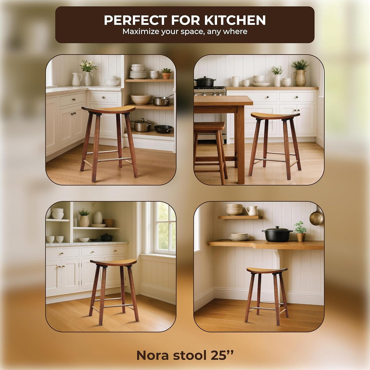 Nora 25 Inch Backless Bar Stool Rubber Wood Brown Finish