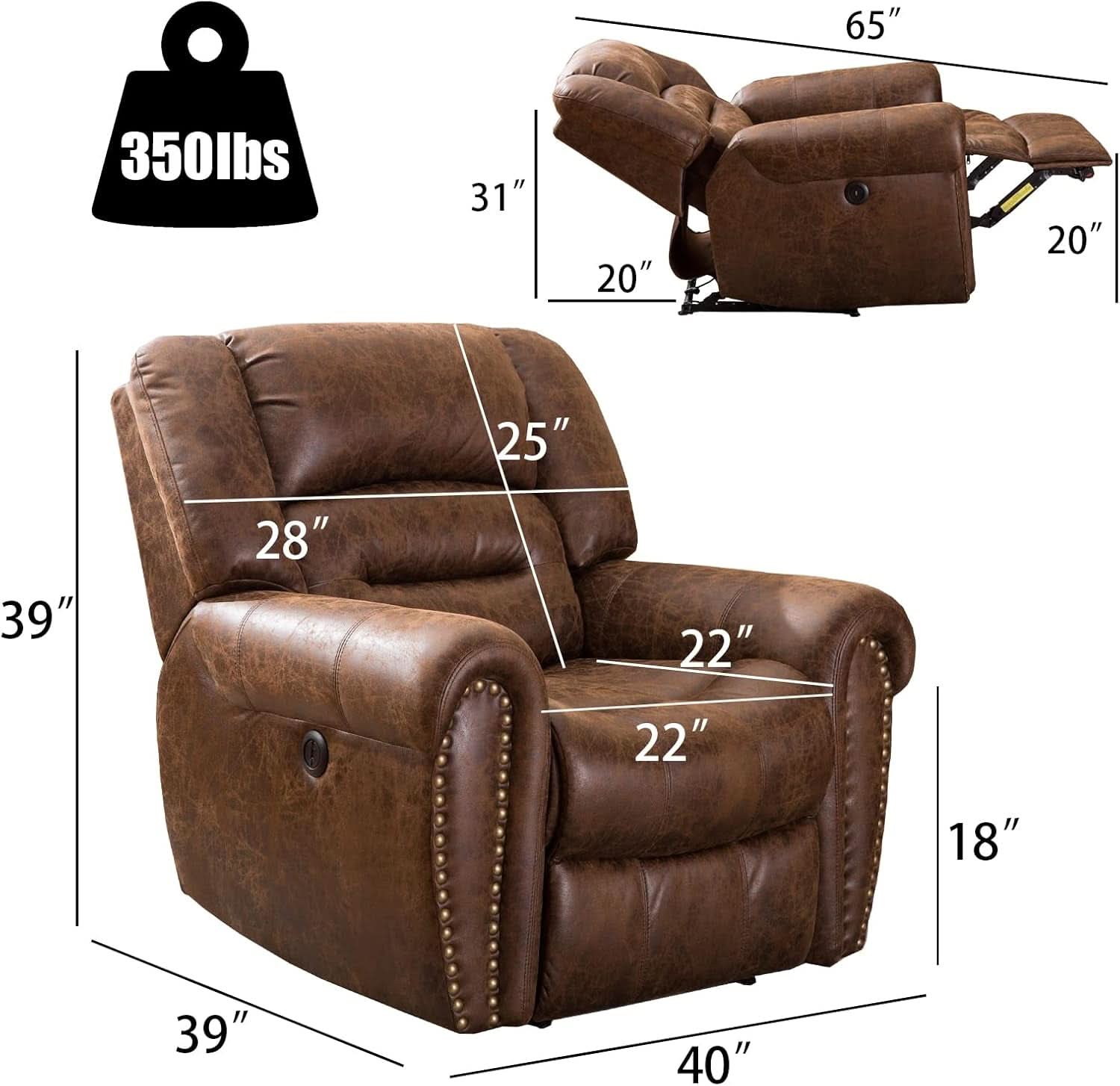 Nut Brown Electric Recliner Chair With USB Port Comfort