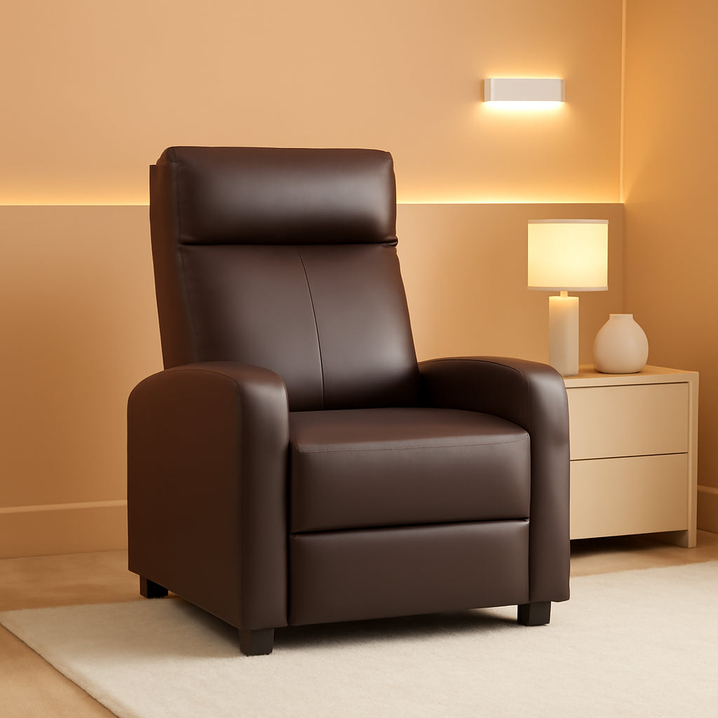 Nut Brown PU Leather Recliner Sofa With Thick Cushion