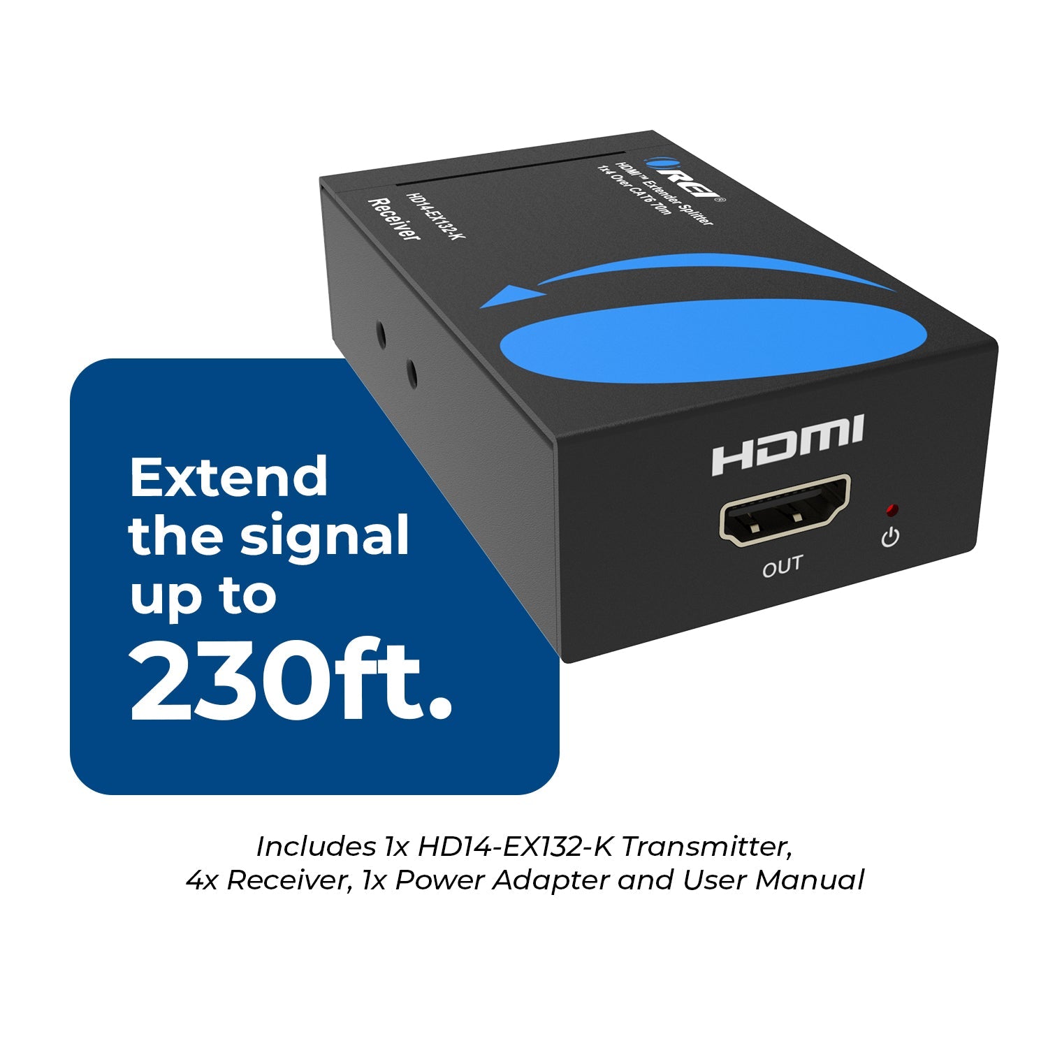 OREI HD14-EX132-K 1x4 HDMI Extender Splitter Over Single Cable CAT6/7 1080P With IR Remote EDID Management - Up To 132 Ft - Loop Out - Low Latency