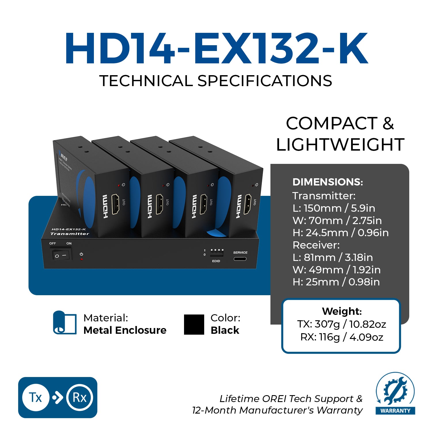 OREI HD14-EX132-K 1x4 HDMI Extender Splitter Over Single Cable CAT6/7 1080P With IR Remote EDID Management - Up To 132 Ft - Loop Out - Low Latency