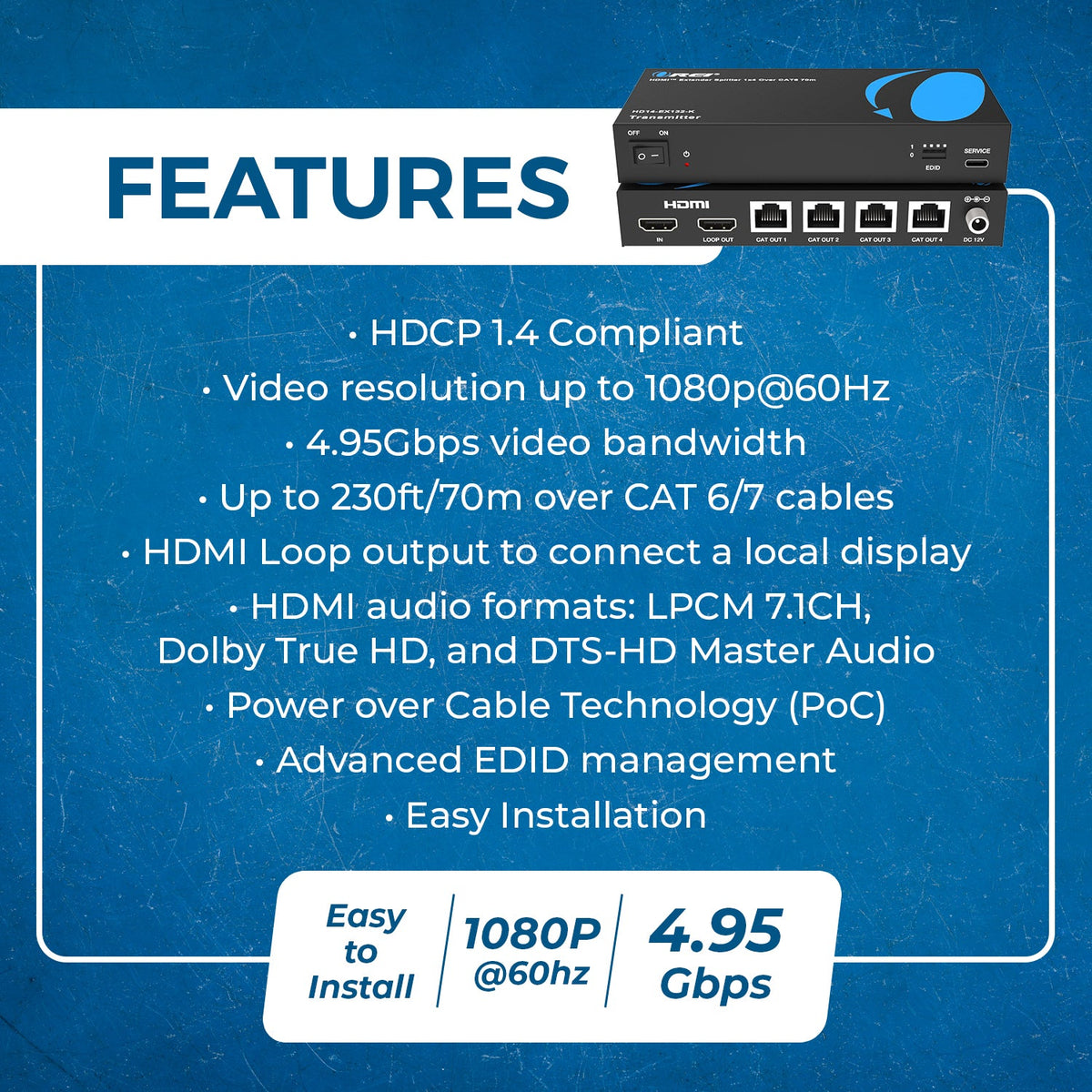 OREI HD14-EX132-K 1x4 HDMI Extender Splitter Over Single Cable CAT6/7 1080P With IR Remote EDID Management - Up To 132 Ft - Loop Out - Low Latency