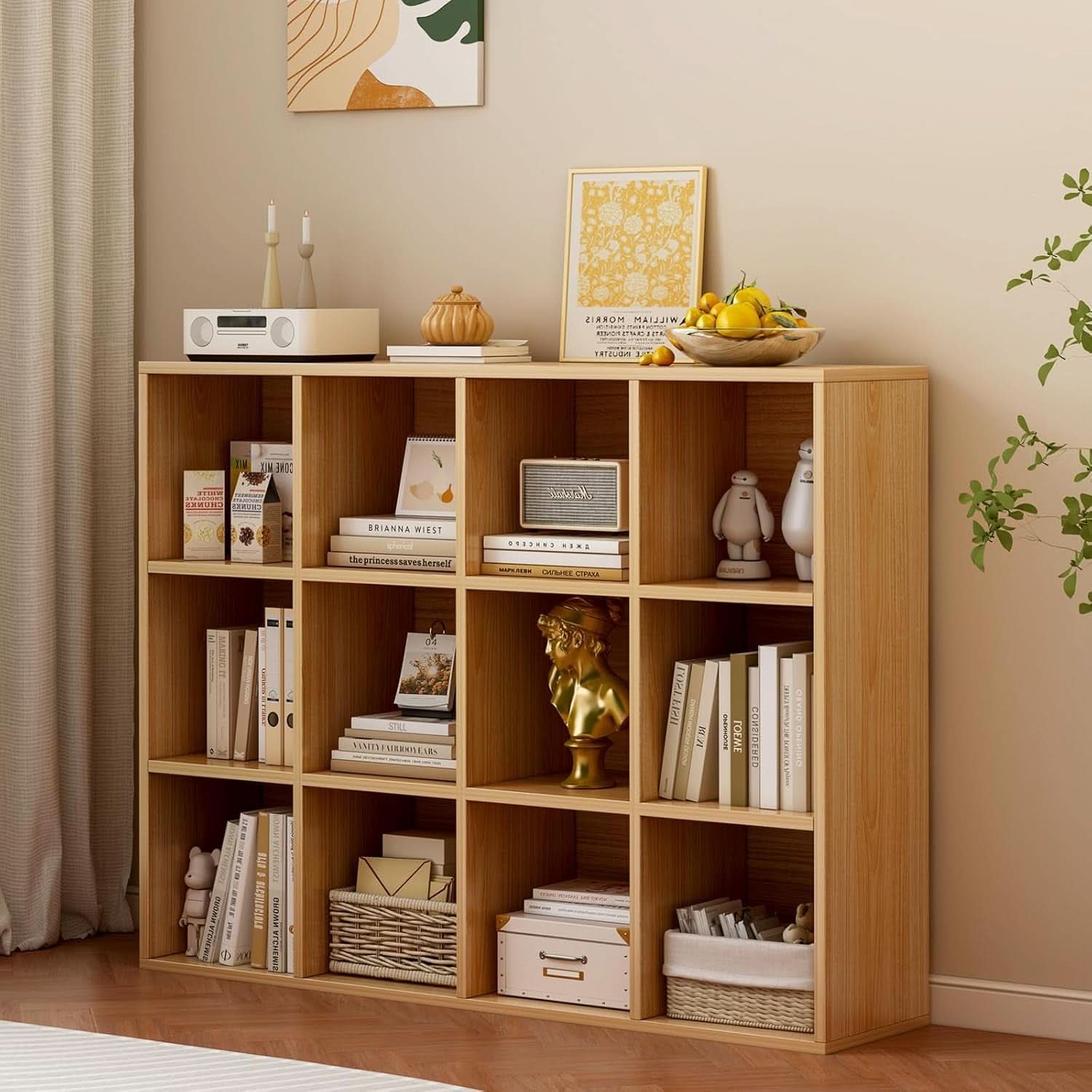 Oak 12-Cube Storage Shelf Bookcase 3-Tier Floor Standing