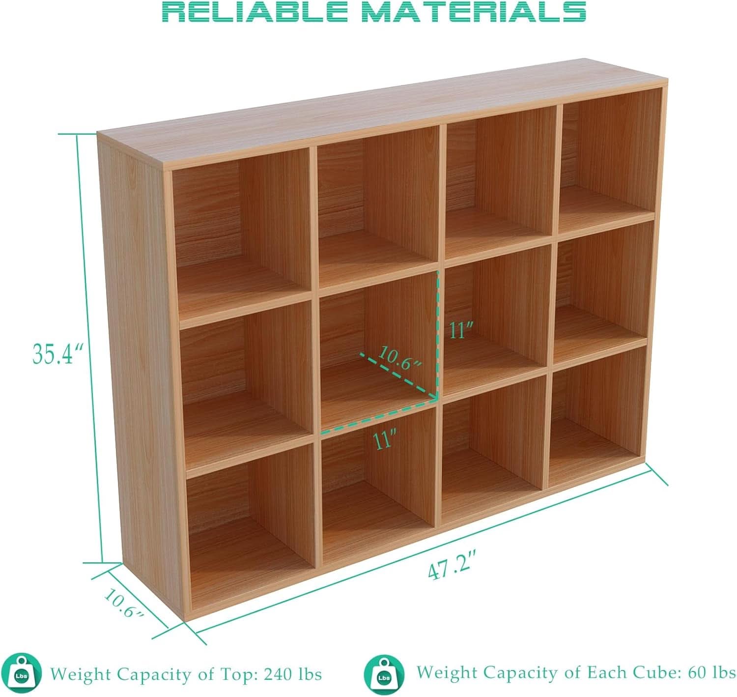 Oak 12-Cube Storage Shelf Bookcase 3-Tier Floor Standing