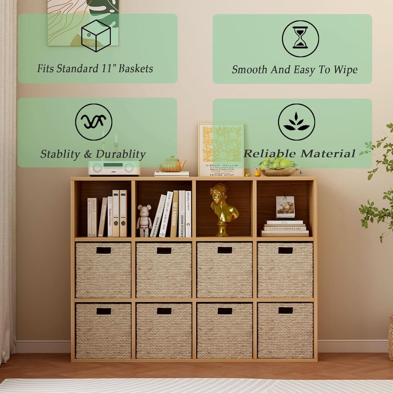 Oak 12-Cube Storage Shelf Bookcase 3-Tier Floor Standing