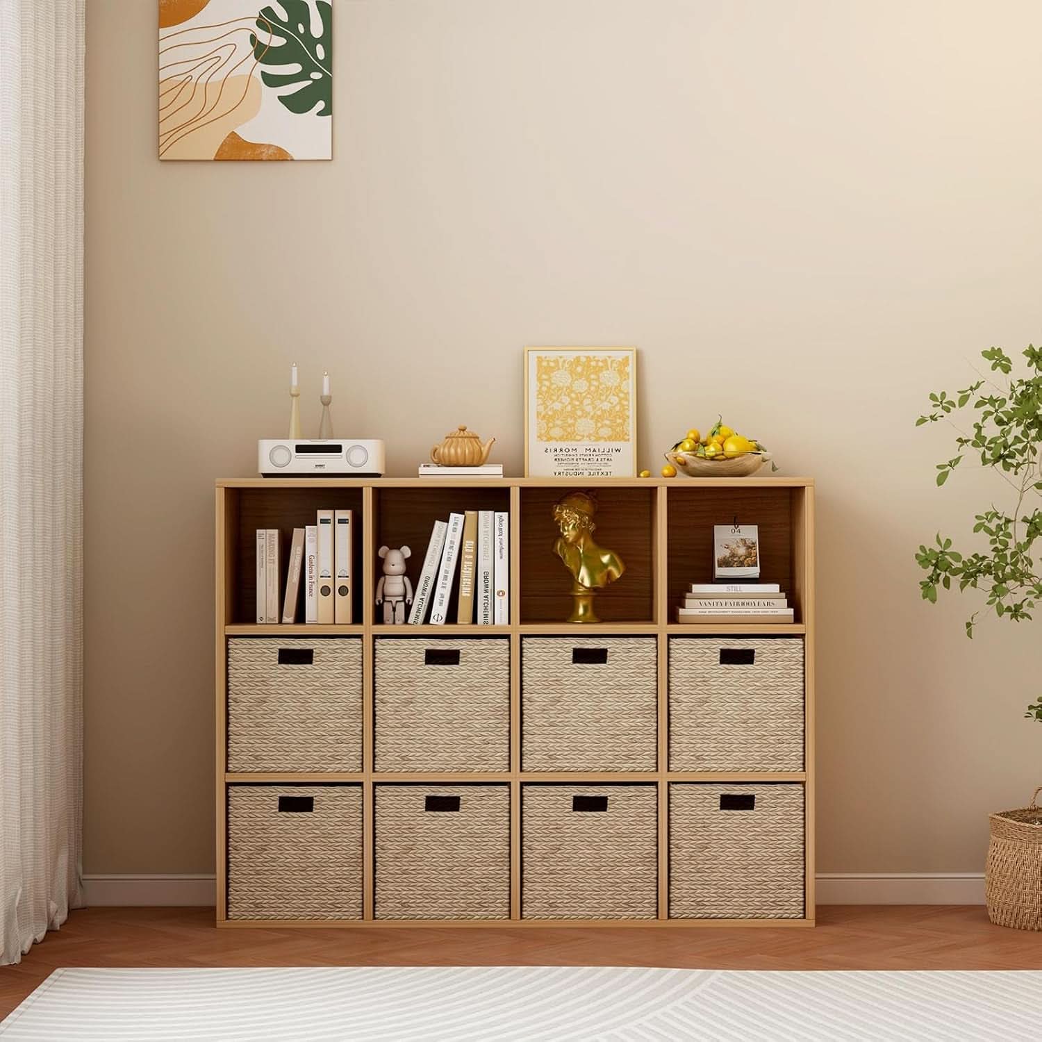 Oak 12-Cube Storage Shelf Bookcase 3-Tier Floor Standing