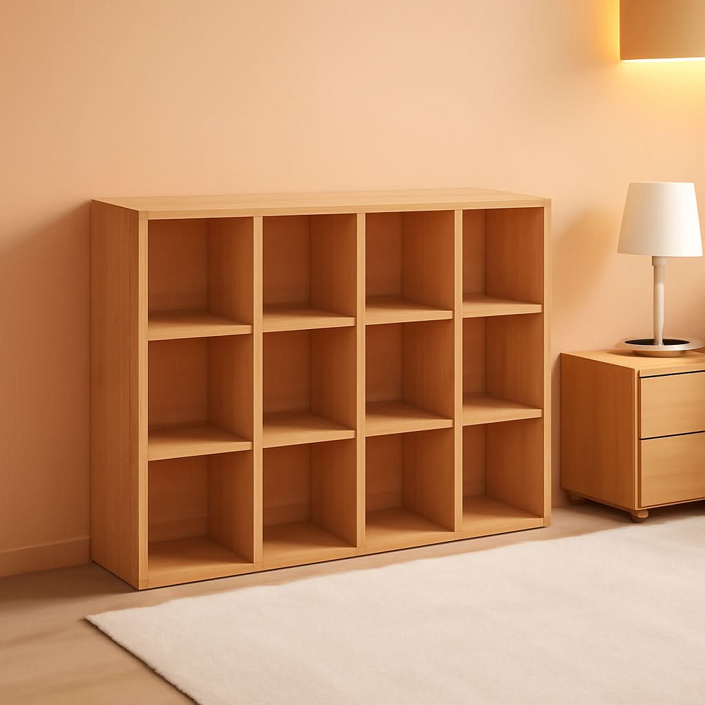 Oak 12-Cube Storage Shelf Bookcase 3-Tier Floor Standing