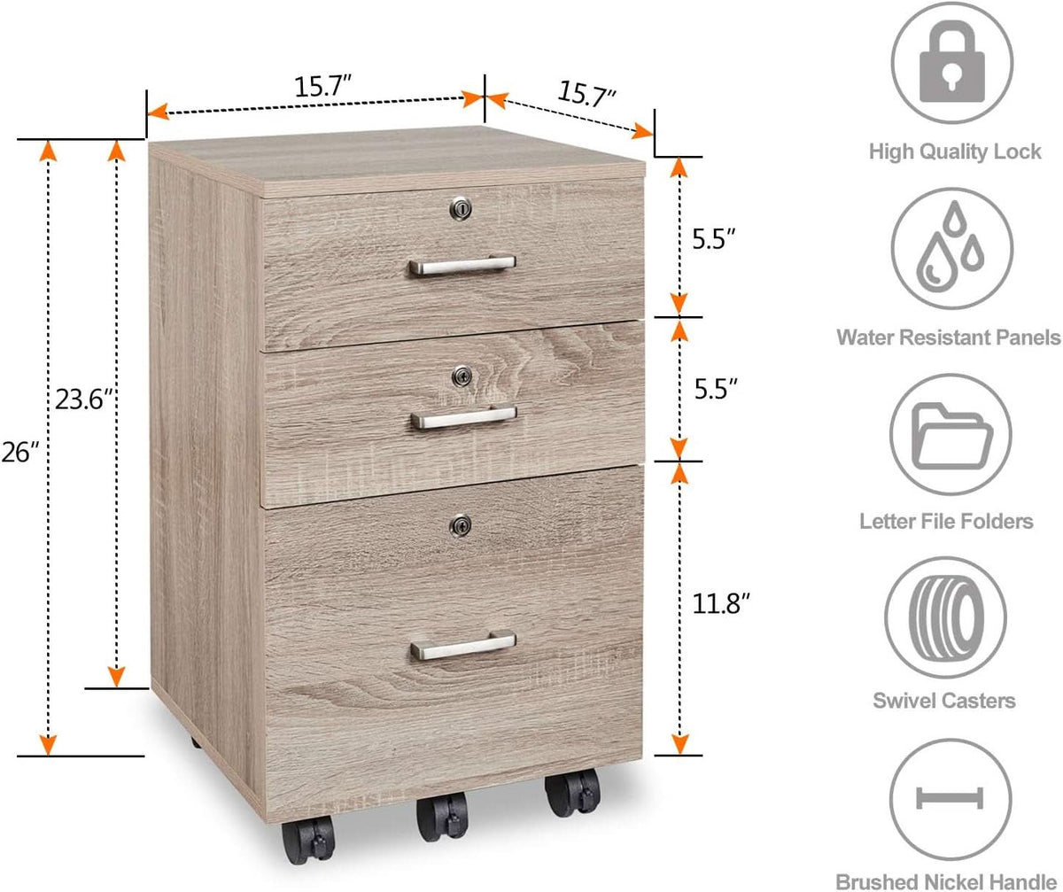 Oak 26 Inch High 3 Drawer File Cabinet With Lock For Letter Size Files And Mobile Under Desk