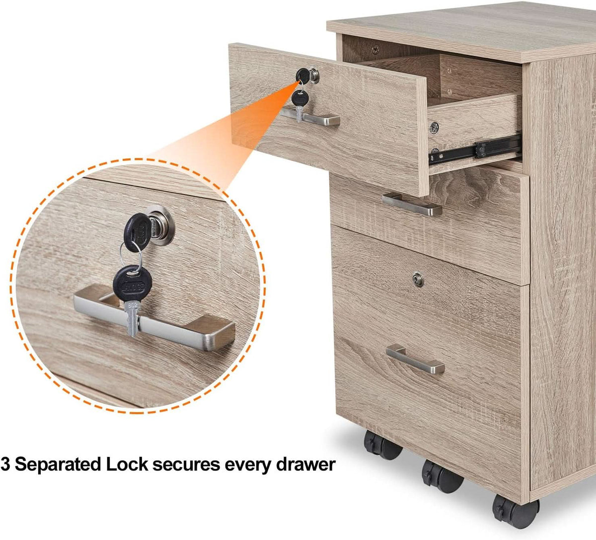 Oak 26 Inch High 3 Drawer File Cabinet With Lock For Letter Size Files And Mobile Under Desk