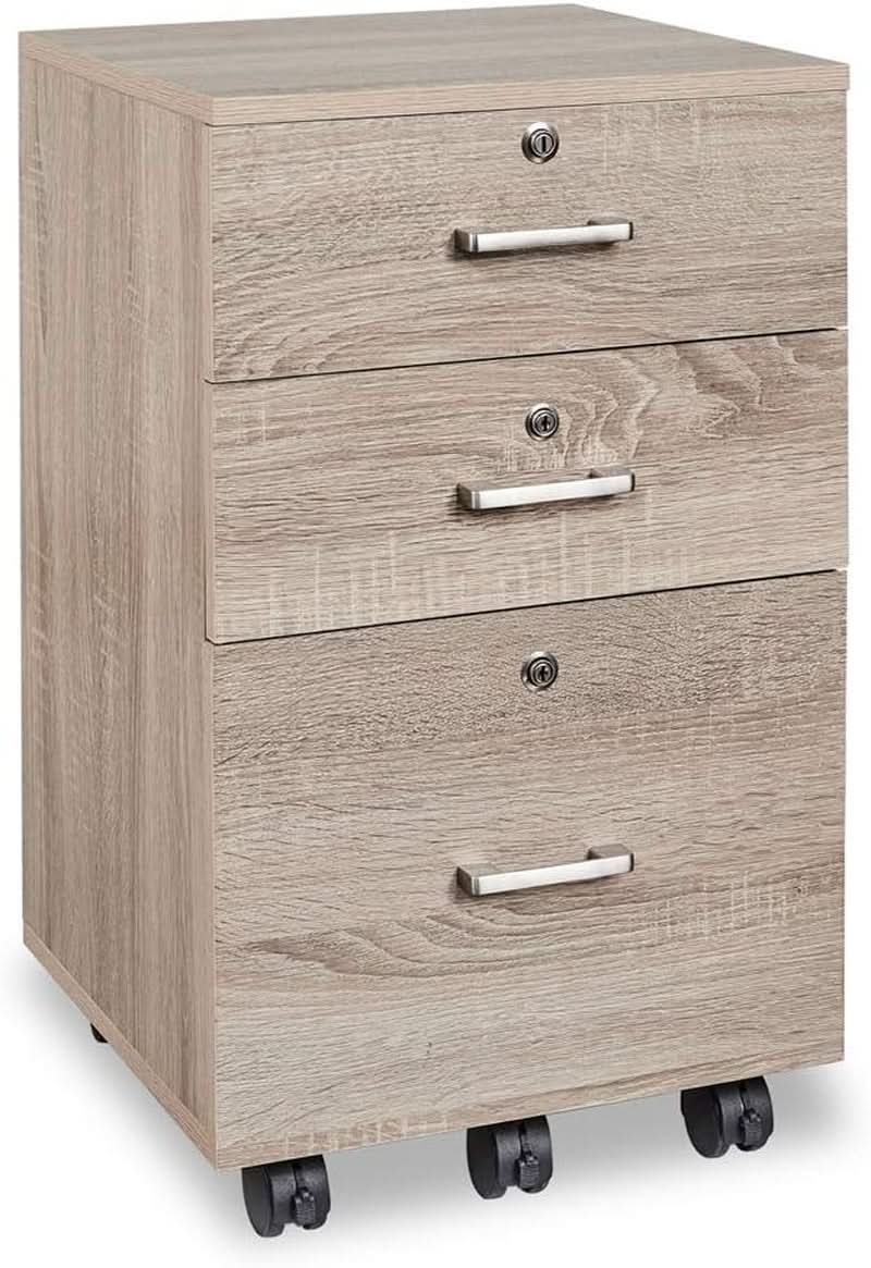 Oak 26 Inch High 3 Drawer File Cabinet With Lock For Letter Size Files And Mobile Under Desk