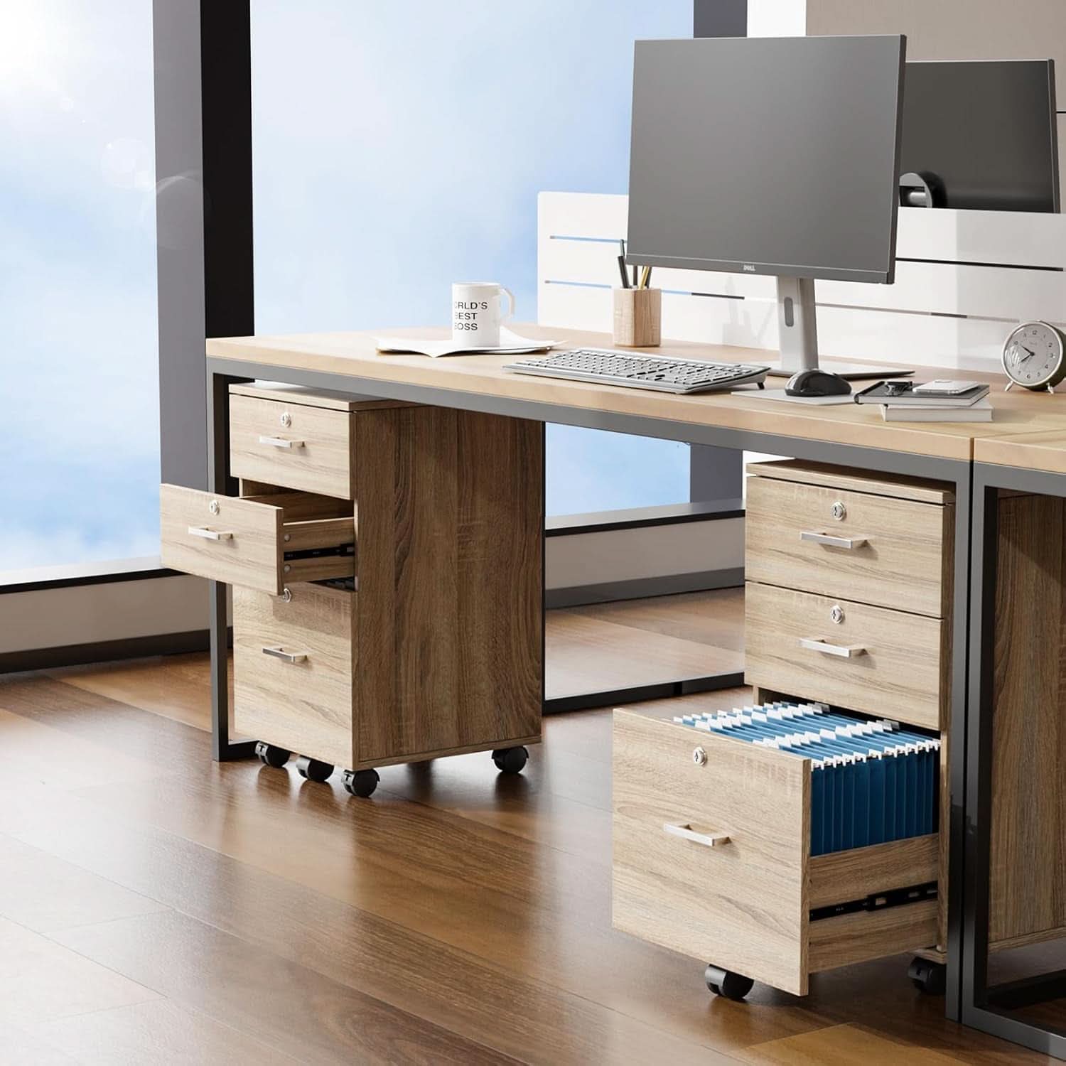 Oak 3 Drawer File Cabinet With Lock Rolling Printer Stand