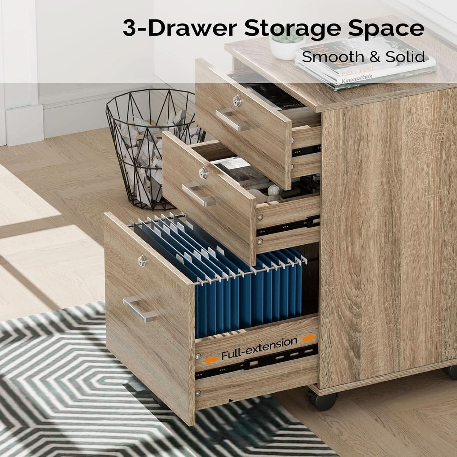 Oak 3 Drawer File Cabinet With Lock Rolling Printer Stand