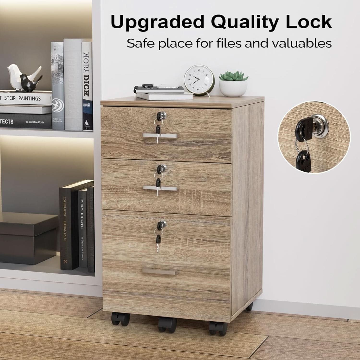 Oak 3 Drawer File Cabinet With Lock Rolling Printer Stand