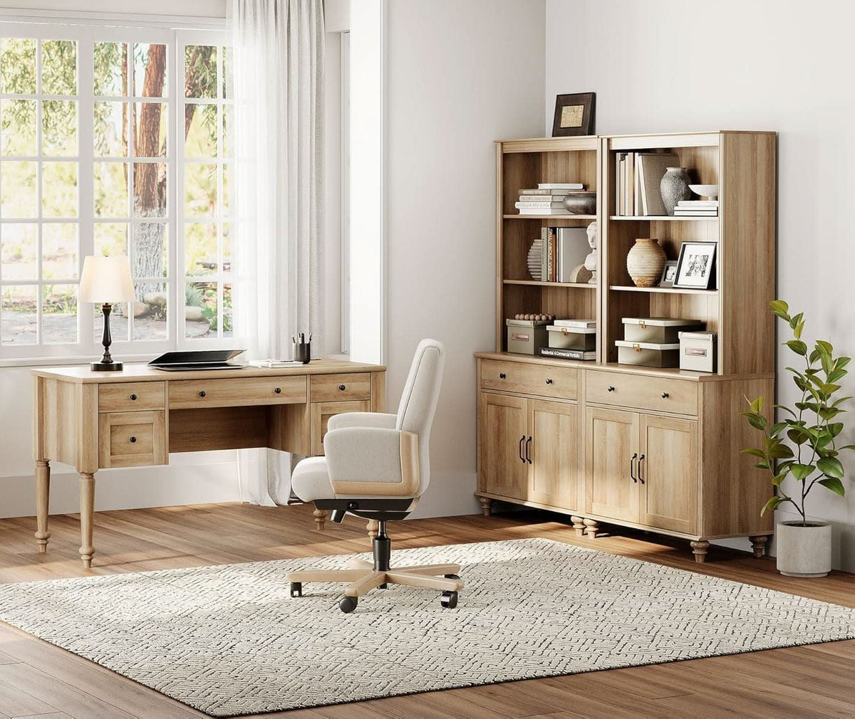 Oak 56 Inch Distressed Contemporary Workstation Desk