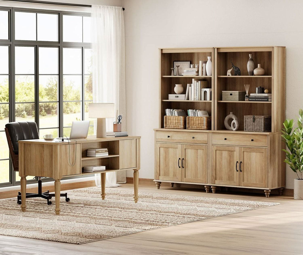 Oak 56 Inch Distressed Contemporary Workstation Desk