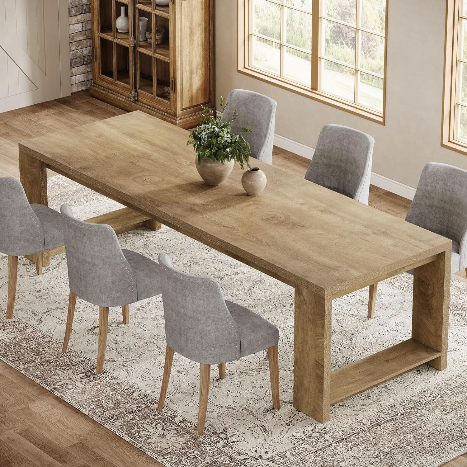 Oak 86 Inch Long Narrow Dining Table With Pedestal Base