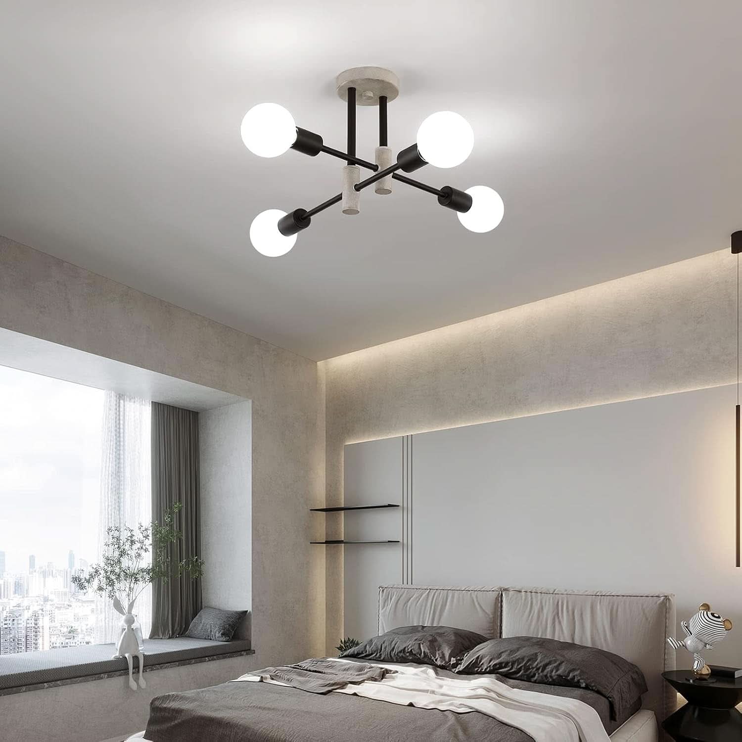 Oak And Black Farmhouse 4 Light Sputnik Chandelier