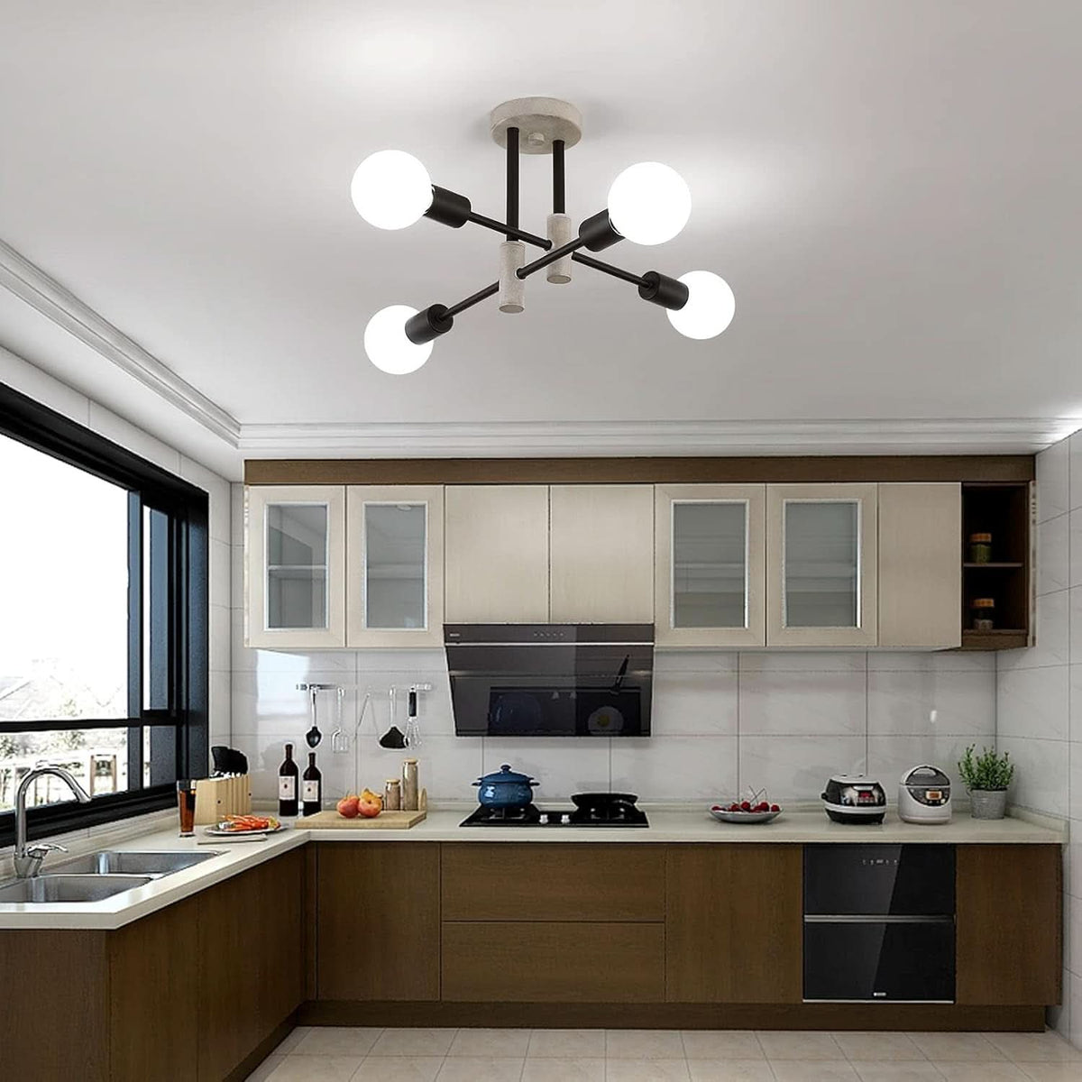 Oak And Black Farmhouse 4 Light Sputnik Chandelier