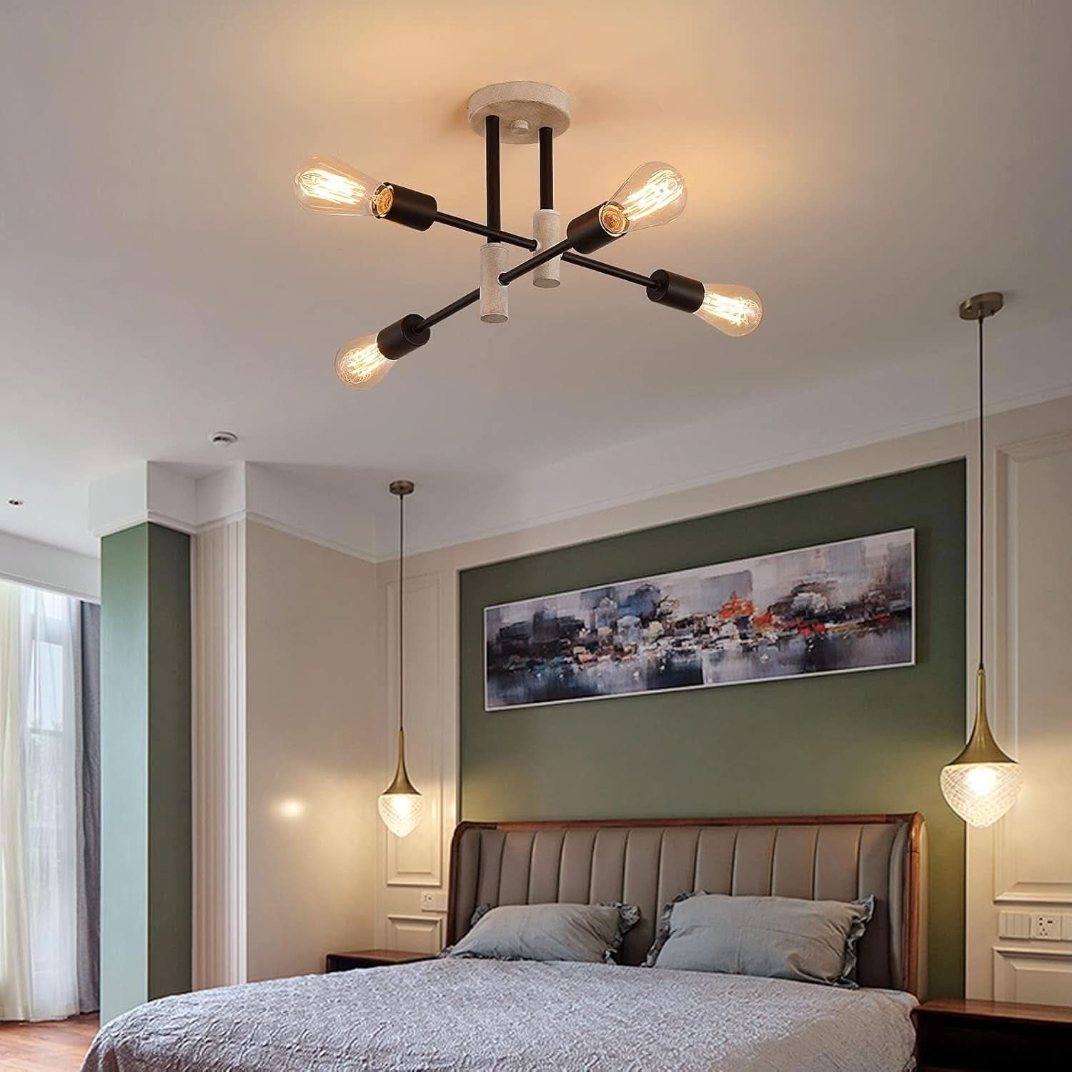 Oak And Black Farmhouse 4 Light Sputnik Chandelier