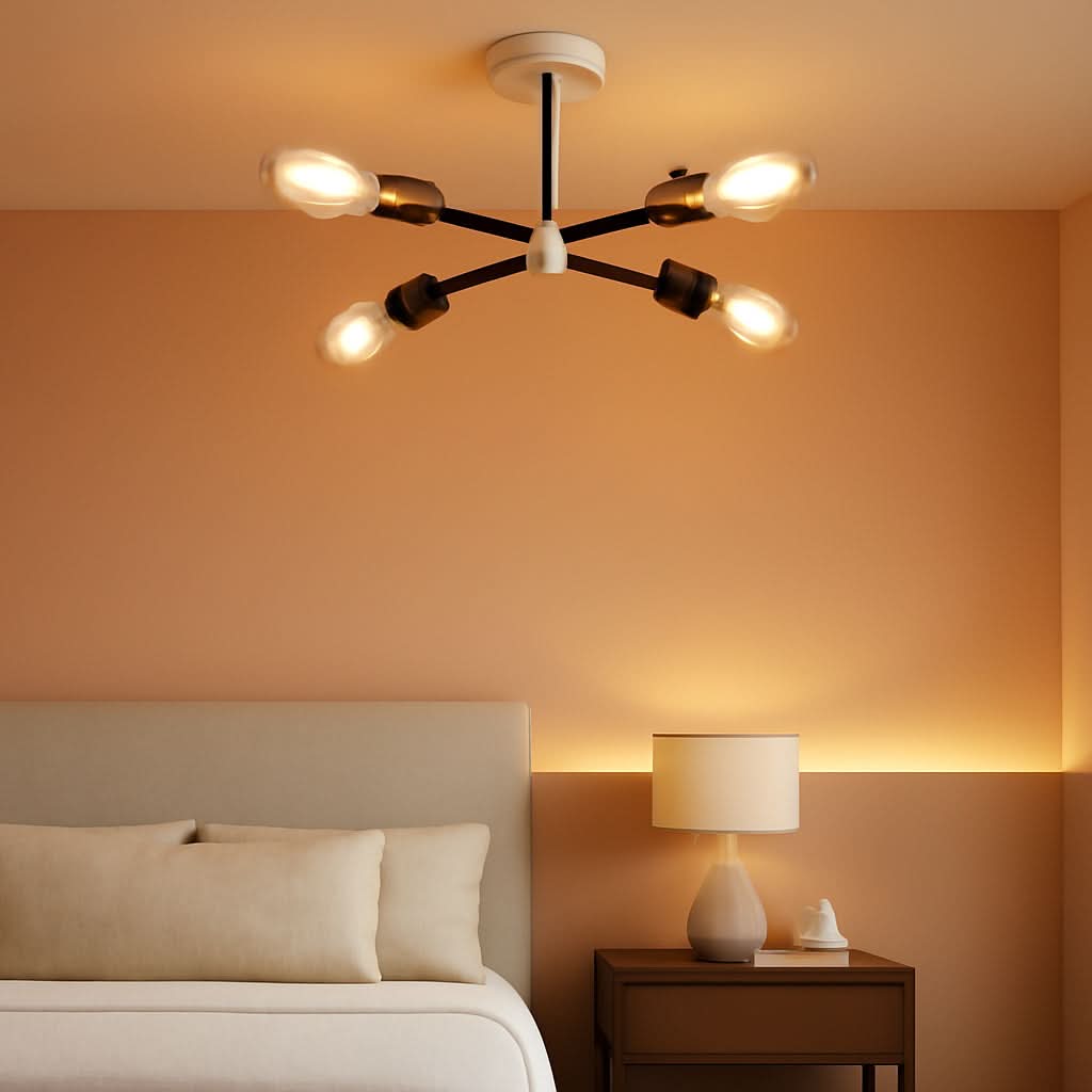 Oak And Black Farmhouse 4 Light Sputnik Chandelier