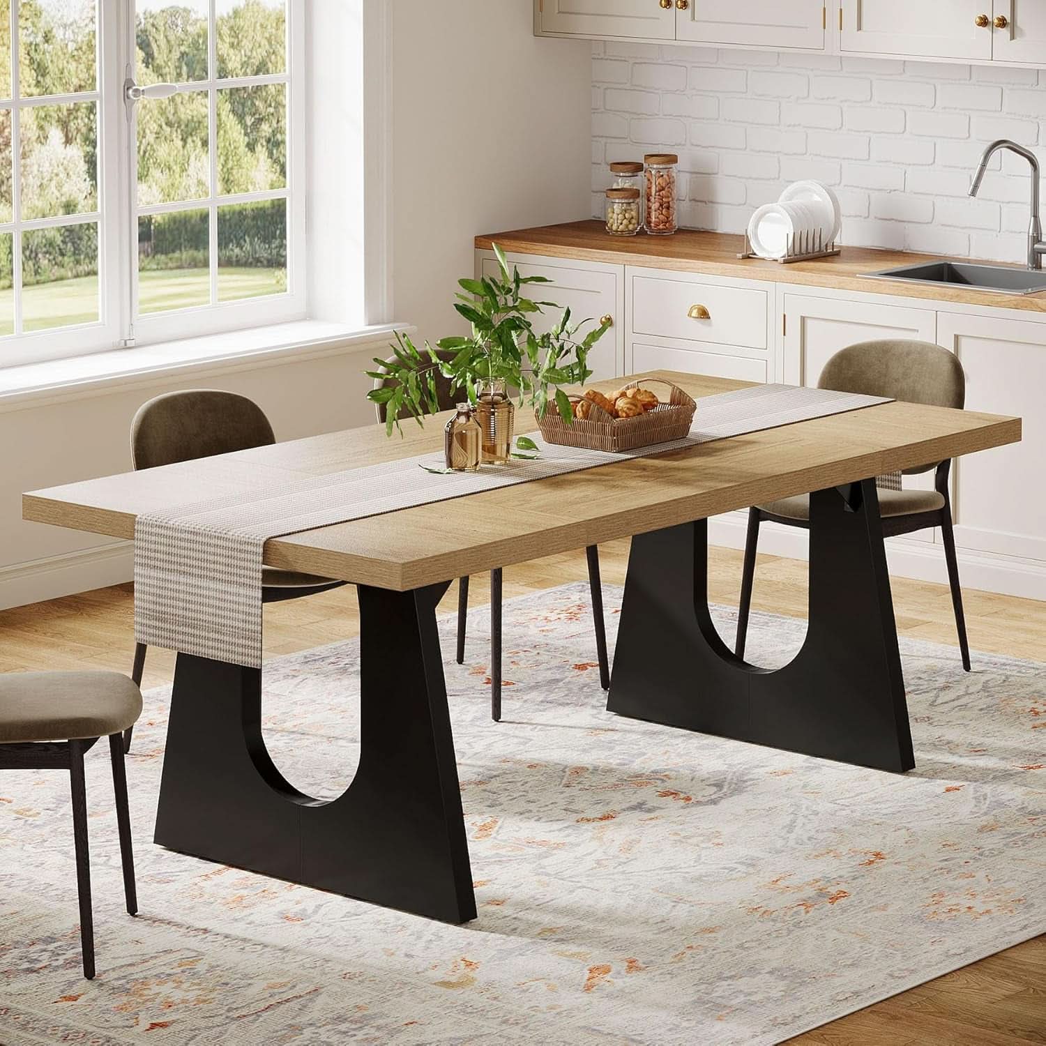 Oak And Black Rustic Dining Table 70.9 Inch For 6 To 8 People