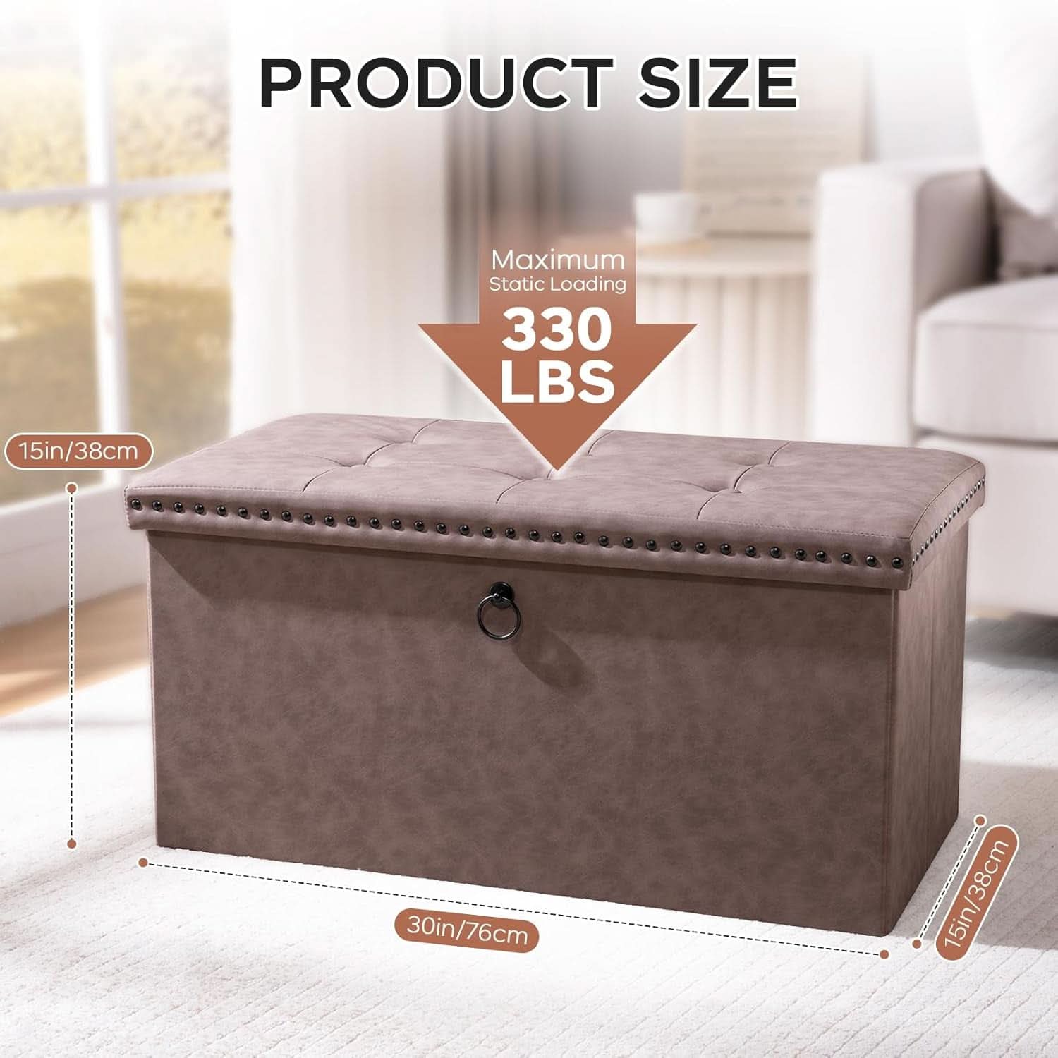 Oak Brown 30-Inch Foldable Storage Ottoman Bench
