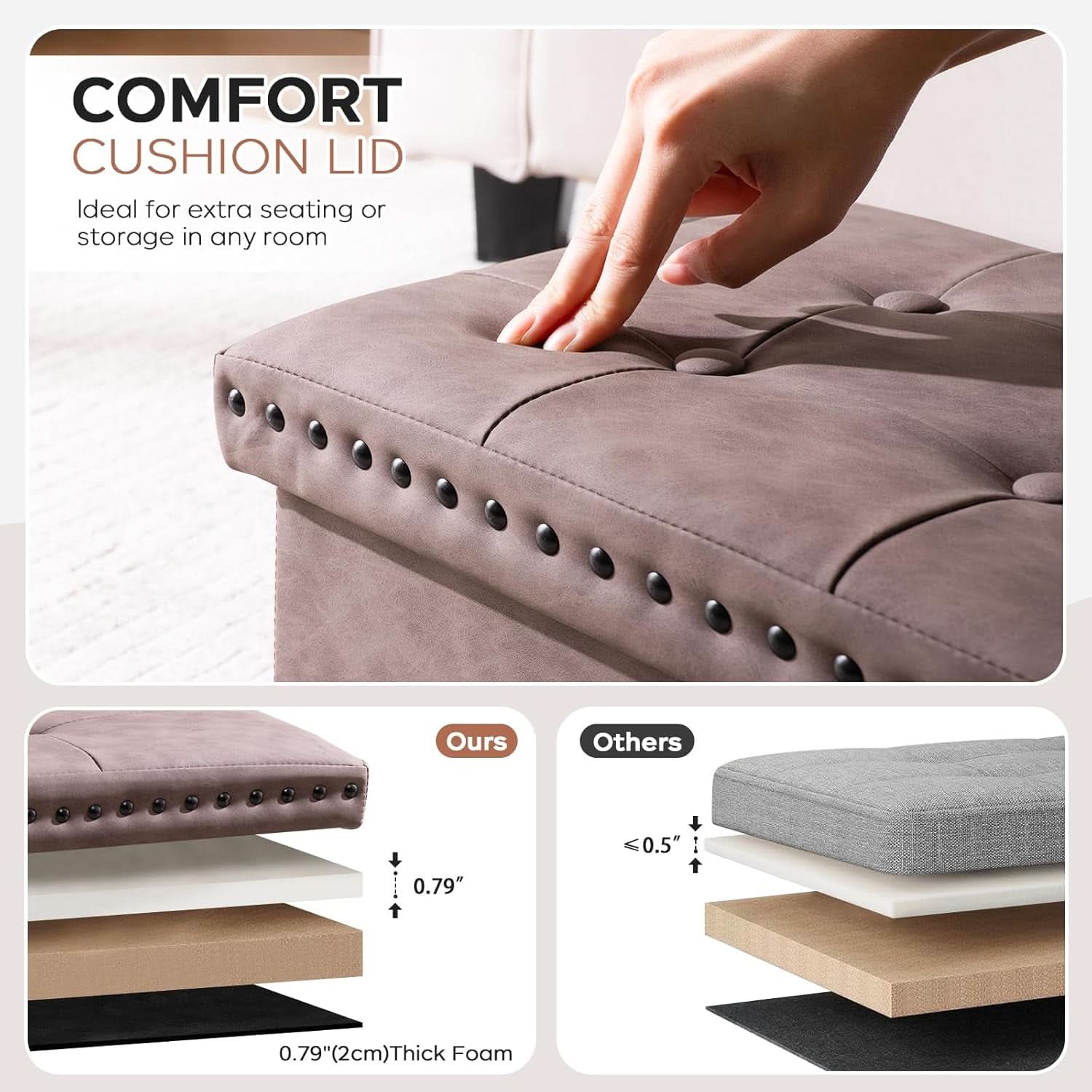 Oak Brown 30-Inch Foldable Storage Ottoman Bench