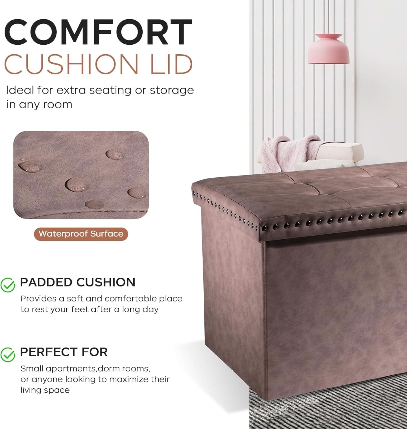 Oak Brown 30-Inch Foldable Storage Ottoman Bench