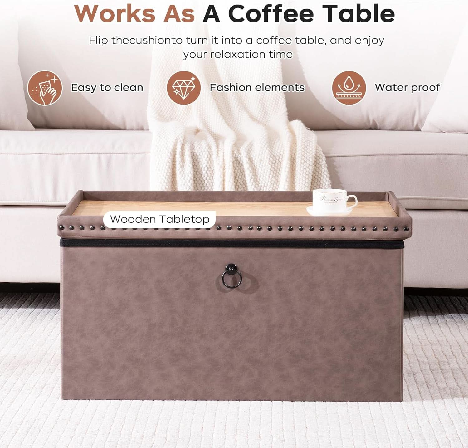 Oak Brown 30-Inch Foldable Storage Ottoman Bench