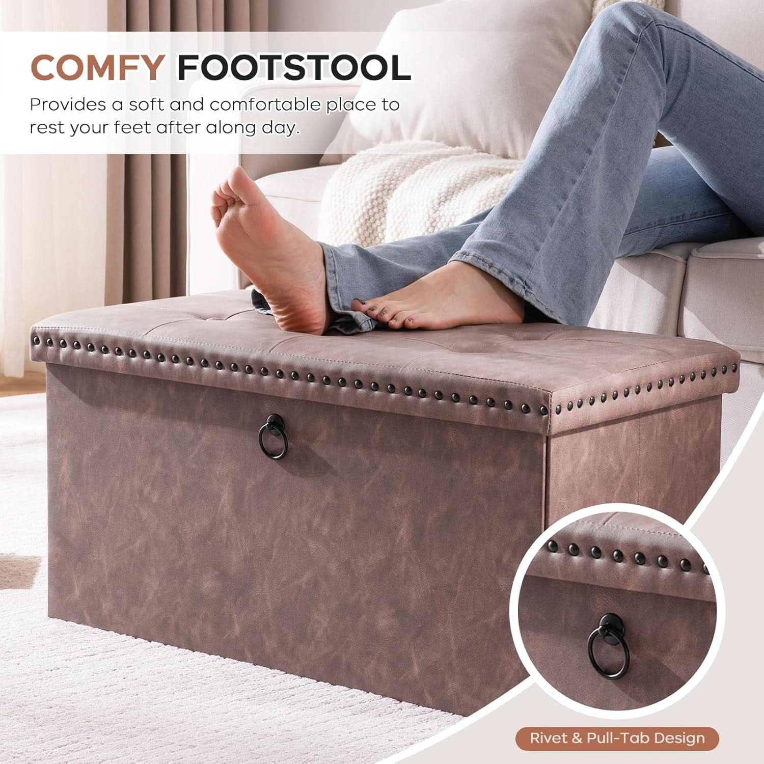 Oak Brown 30-Inch Foldable Storage Ottoman Bench
