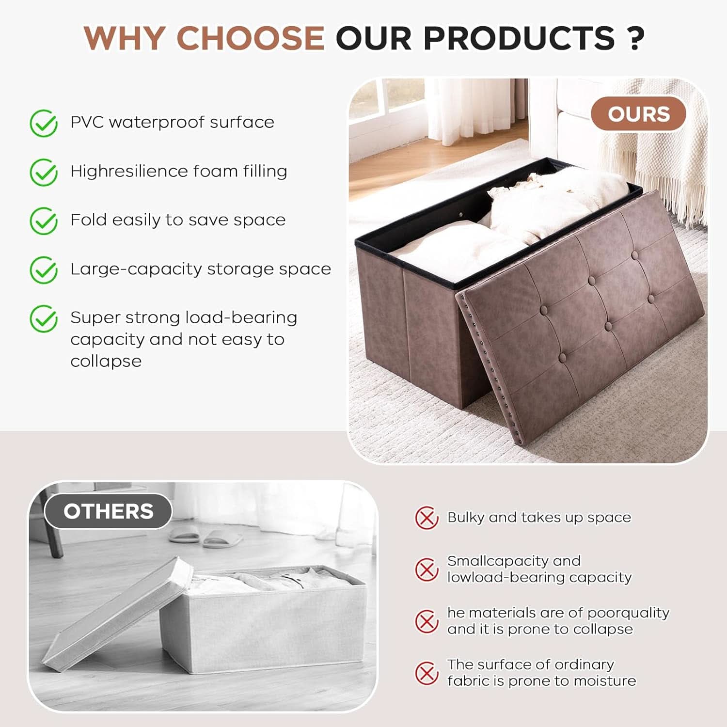 Oak Brown 30-Inch Foldable Storage Ottoman Bench