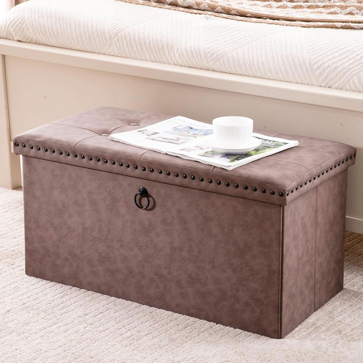 Oak Brown 30-Inch Foldable Storage Ottoman Bench