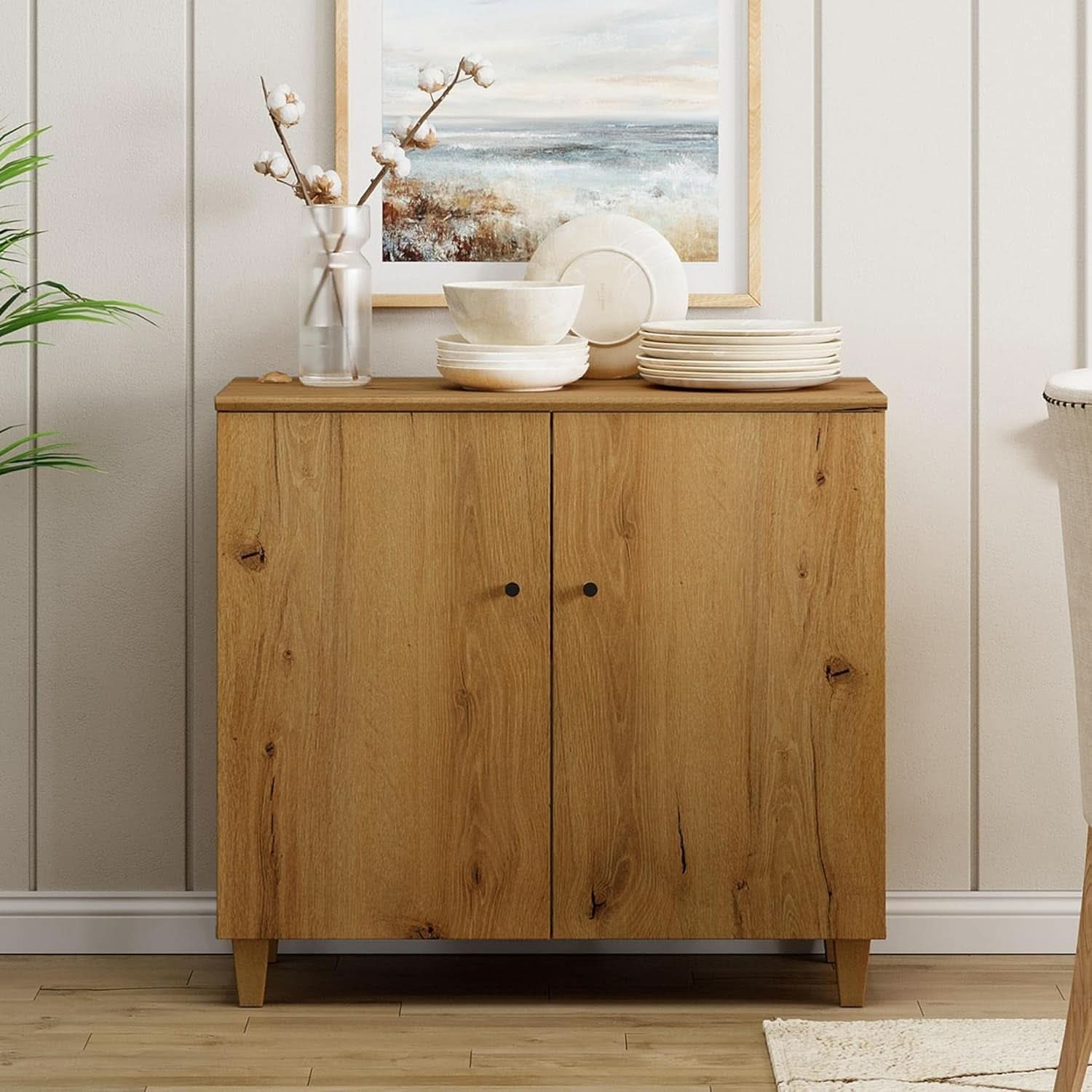 Oak Brown 35-Inch Wide Sideboard Buffet Storage Cabinet