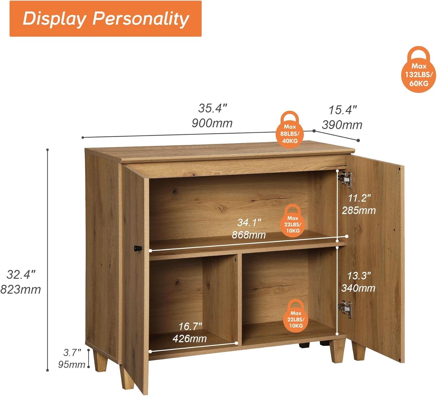 Oak Brown 35-Inch Wide Sideboard Buffet Storage Cabinet