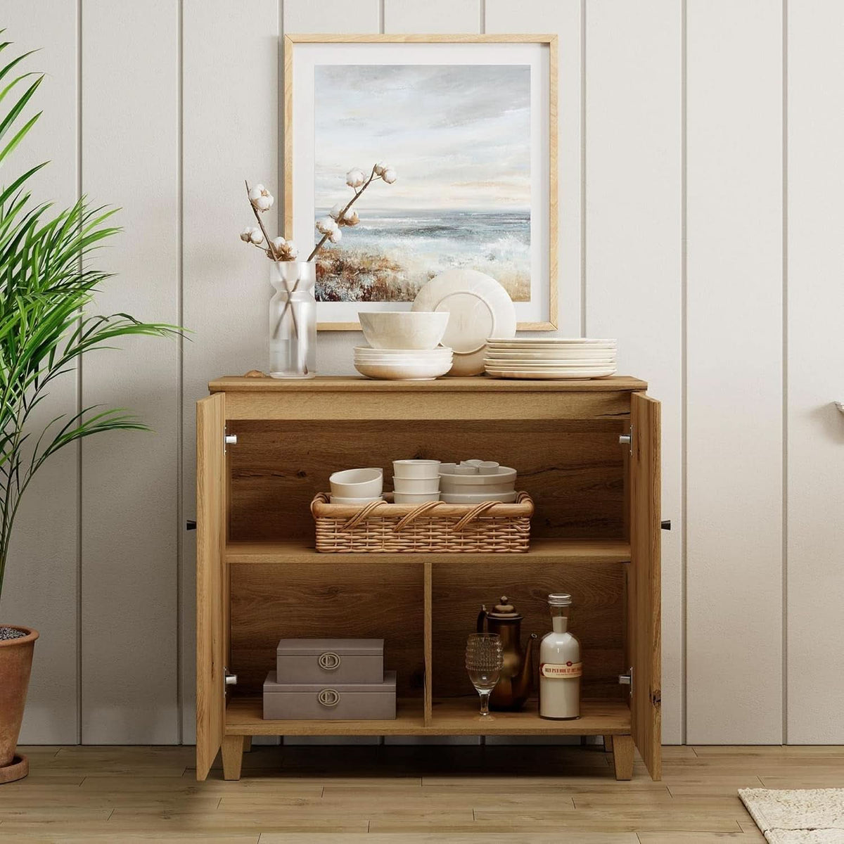 Oak Brown 35-Inch Wide Sideboard Buffet Storage Cabinet