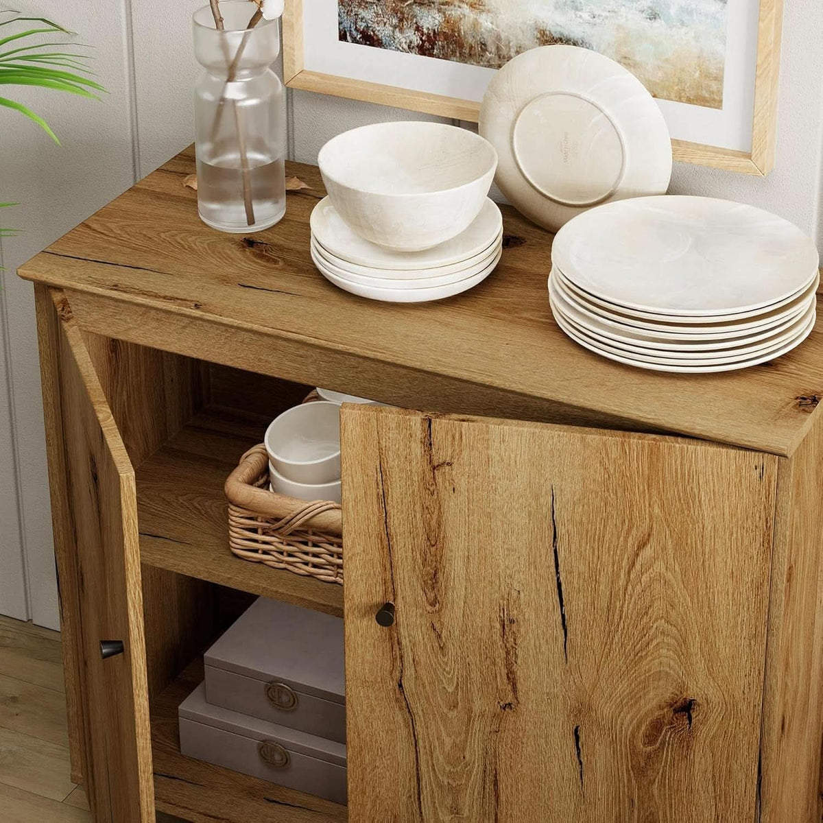 Oak Brown 35-Inch Wide Sideboard Buffet Storage Cabinet
