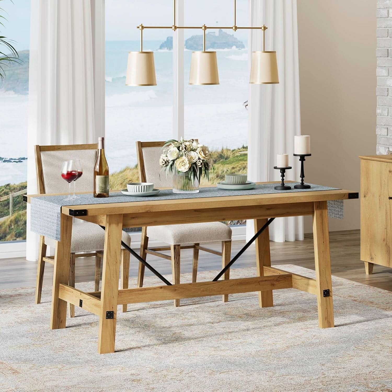 Oak Brown Farmhouse Dining Table 67 Inch Seats 4 To 6